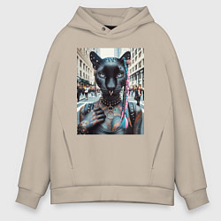 Толстовка оверсайз мужская Пантера панк из Нью-Йорка - нейросеть, цвет: миндальный