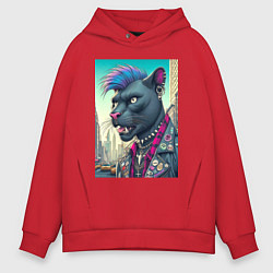 Толстовка оверсайз мужская Чувак пантера панк житель Нью-Йорка - нейросеть, цвет: красный