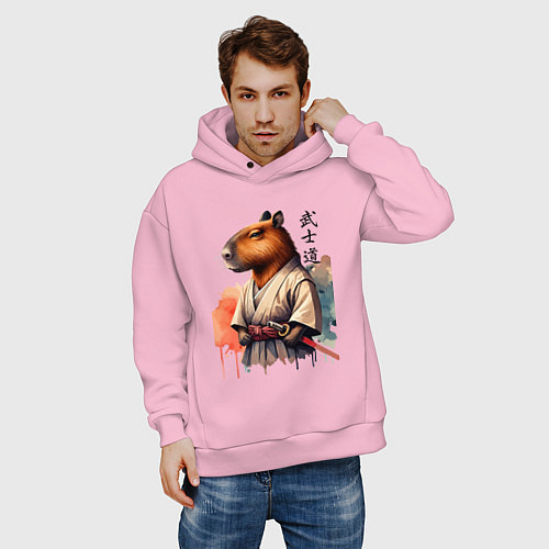 Мужское худи оверсайз Capybara samurai - ai art fantasy / Светло-розовый – фото 3