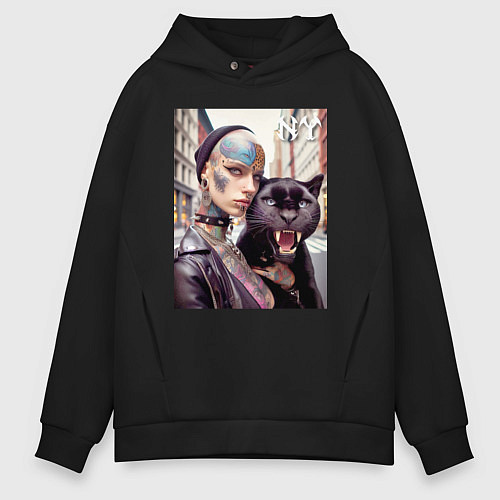 Мужское худи оверсайз Punk girl under the protection of a panther - New / Черный – фото 1