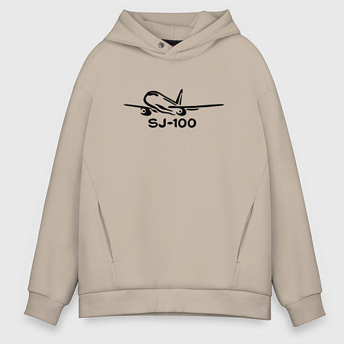 Мужское худи оверсайз Sukhoi Superjet 100 черный с надписью / Миндальный – фото 1