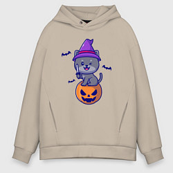 Толстовка оверсайз мужская Котик и хэллоуин, цвет: миндальный
