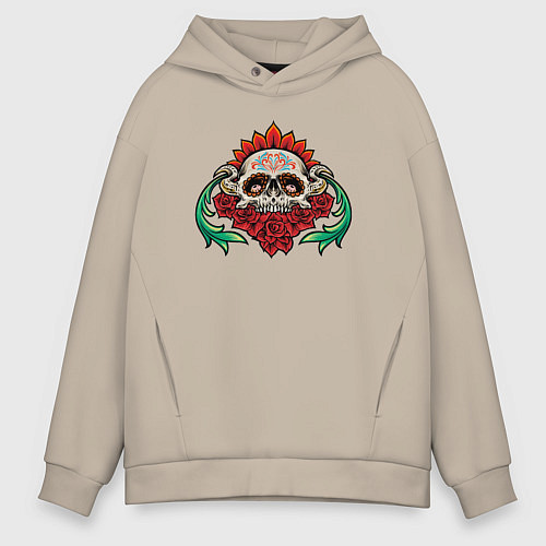 Мужское худи оверсайз Розы и черепок / Миндальный – фото 1