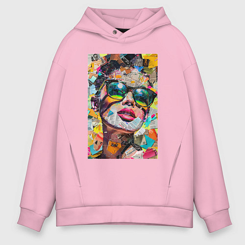 Мужское худи оверсайз Лицо девушки из обрезков газет и журналов / Светло-розовый – фото 1
