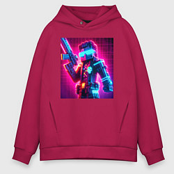 Толстовка оверсайз мужская Minecraft and cyberpunk collaboration - neon glow, цвет: маджента