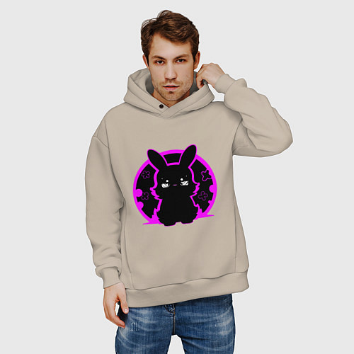 Мужское худи оверсайз Зайка на черном фоне / Миндальный – фото 3