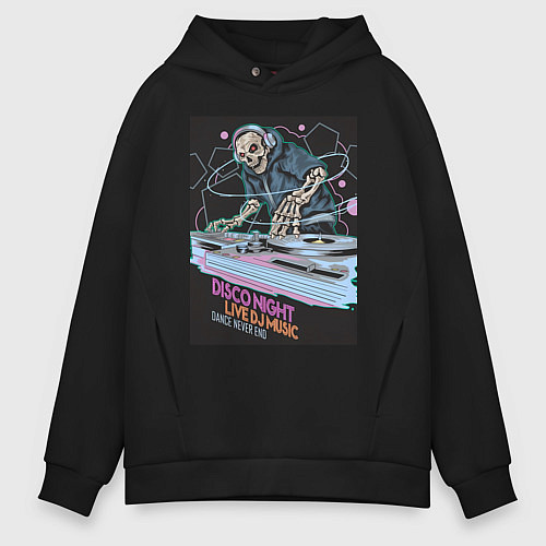Мужское худи оверсайз Диджей скелет в наушниках / Черный – фото 1
