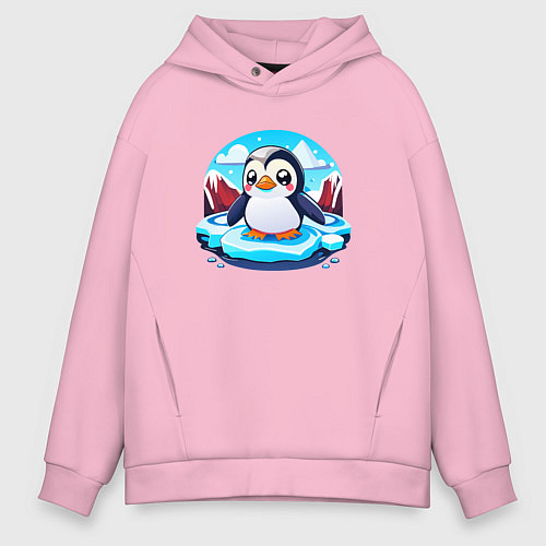 Мужское худи оверсайз Пингвинёнок на льдине / Светло-розовый – фото 1
