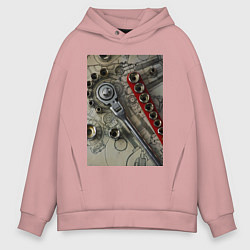 Толстовка оверсайз мужская Трещотка ключ и чертеж, цвет: пыльно-розовый