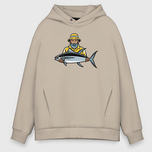 Мужское худи оверсайз Рыбак и тунец / Миндальный – фото 1