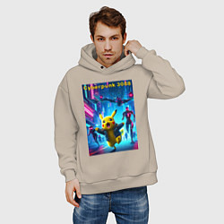 Толстовка оверсайз мужская Cyberpunk 3088 - Pikachu pursuit - neon glow, цвет: миндальный — фото 2