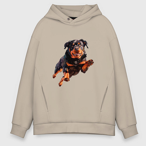 Мужское худи оверсайз Hunter Dog - Ротвейлер ГТА в прыжке / Миндальный – фото 1