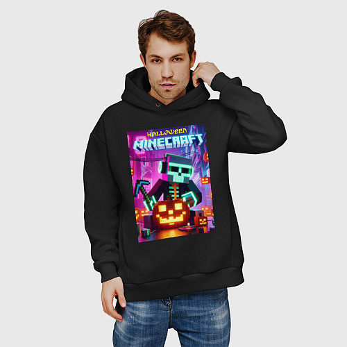 Мужское худи оверсайз Skeleton and pumpkin - neon glow / Черный – фото 3