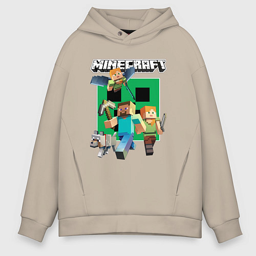 Мужское худи оверсайз Стив и Алекс с волком из Майнкрафт / Миндальный – фото 1