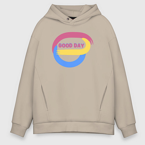 Мужское худи оверсайз Абстракция и надпись - good day / Миндальный – фото 1
