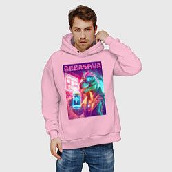 Толстовка оверсайз мужская Cool dude Dino with a mug of beer - ai art, цвет: светло-розовый — фото 2