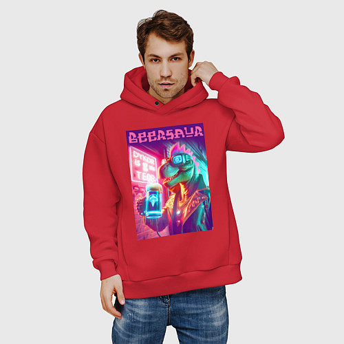 Мужское худи оверсайз Cool dude Dino with a mug of beer - ai art / Красный – фото 3