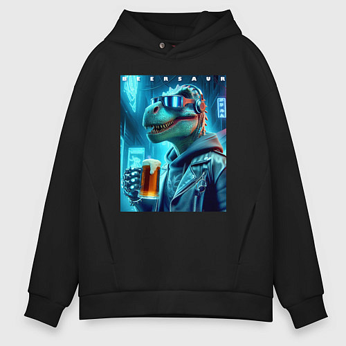 Мужское худи оверсайз Крутой чувак Дино с кружкой пива - нейроарт / Черный – фото 1