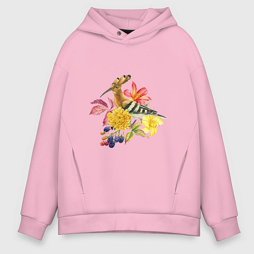 Мужское худи оверсайз Осенний букет и птица удод / Светло-розовый – фото 1