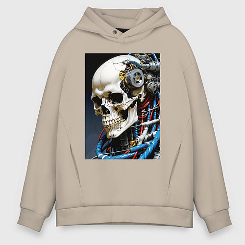 Мужское худи оверсайз Кибер череп - нейроарт фантазия / Миндальный – фото 1