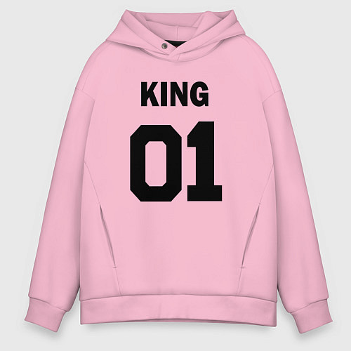 Мужское худи оверсайз Черная футбольная надпись: король с номером 01 / Светло-розовый – фото 1