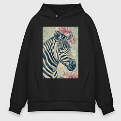 Толстовка оверсайз мужская Зебра с цветком, цвет: черный