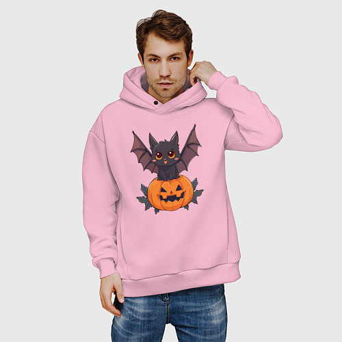 Мужское худи оверсайз Летучая мышь на тыкве / Светло-розовый – фото 3