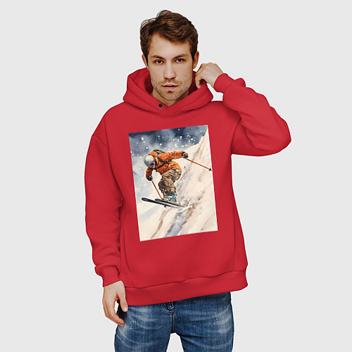 Мужское худи оверсайз Горные лыжи спортсмен / Красный – фото 3