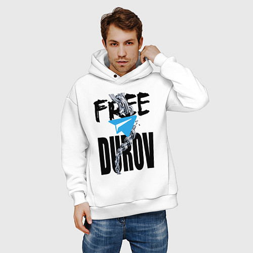 Мужское худи оверсайз Free Durov - Телеграм разрывает цепь / Белый – фото 3
