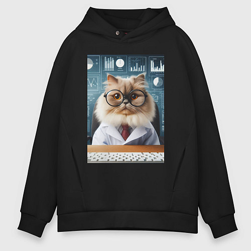 Мужское худи оверсайз Кот аналитик - нейроарт / Черный – фото 1