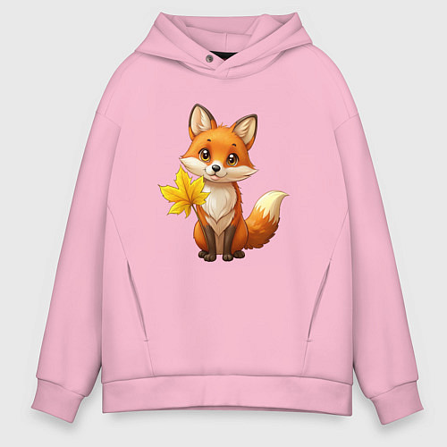Мужское худи оверсайз Рыжая лисица с осенним листочком / Светло-розовый – фото 1