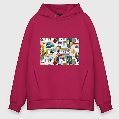 Мужское худи оверсайз Русская зима зарисовки / Маджента – фото 1