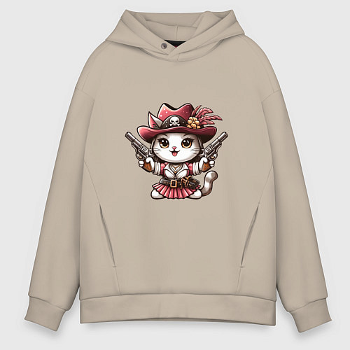 Мужское худи оверсайз Отважная кошечка пират / Миндальный – фото 1