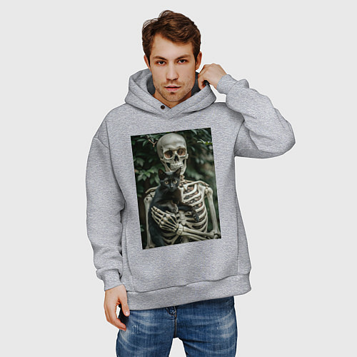 Мужское худи оверсайз Скелет с черным котом / Меланж – фото 3