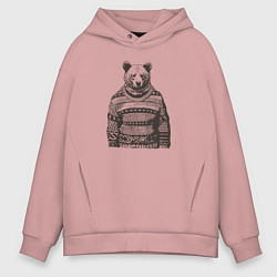 Толстовка оверсайз мужская Медведь в свитере новогодний, цвет: пыльно-розовый