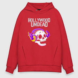 Толстовка оверсайз мужская Hollywood Undead - неоновый череп, цвет: красный