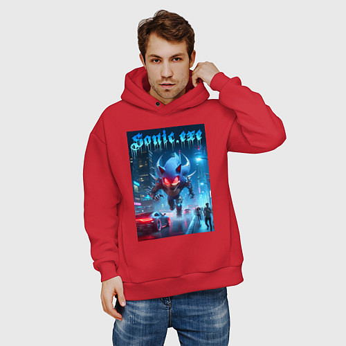 Мужское худи оверсайз Ёжик монстр в ночном мегаполисе - неоновое свечени / Красный – фото 3