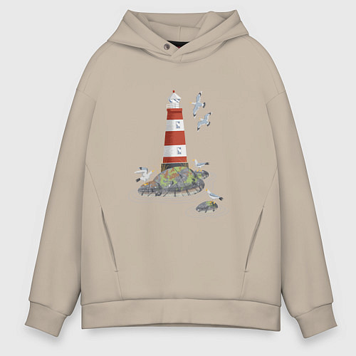 Мужское худи оверсайз Маяк и чайки на берегу моря / Миндальный – фото 1