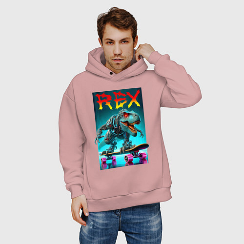 Мужское худи оверсайз Tyrannosaur rex on a skateboard - ai art fantasy / Пыльно-розовый – фото 3