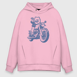 Толстовка оверсайз мужская Шпиц байкер на мотоцикле на чоппере померанец, цвет: светло-розовый