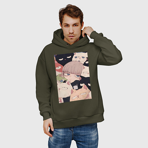 Мужское худи оверсайз Девушка с котиками / Хаки – фото 3