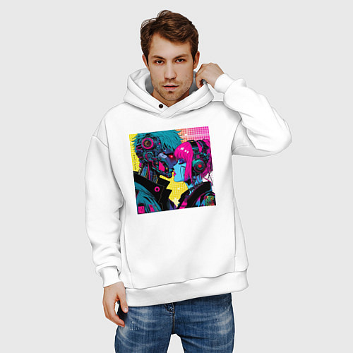 Мужское худи оверсайз Cyber love - pop art fantasy / Белый – фото 3