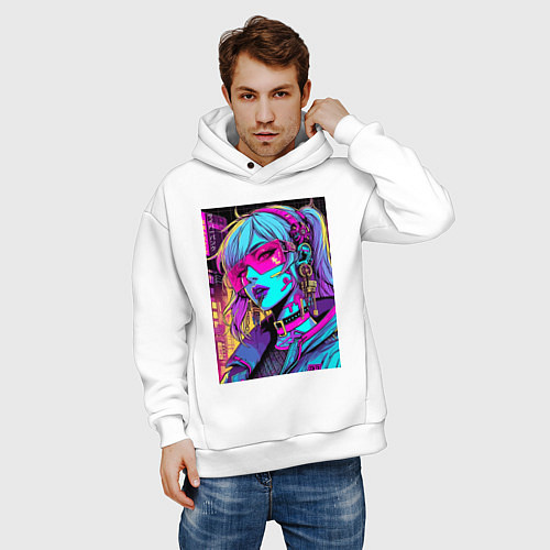Мужское худи оверсайз Кибер девчонка в розовых очках - нейроарт / Белый – фото 3