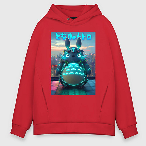 Мужское худи оверсайз Cyber Totoro - neon glow fantasy / Красный – фото 1