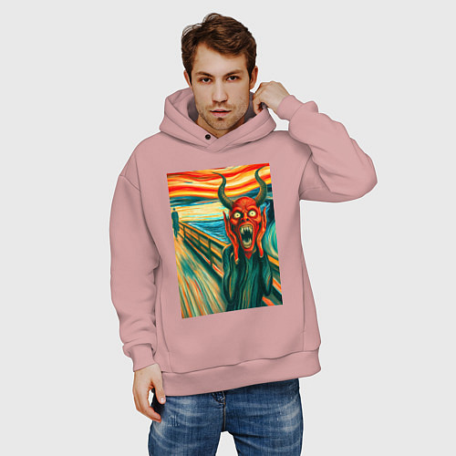 Мужское худи оверсайз Демон кричит на картине Эдварда Мунка - мем искусс / Пыльно-розовый – фото 3