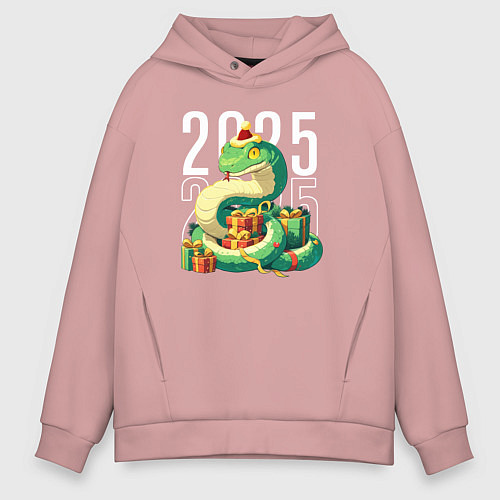 Мужское худи оверсайз Новогодняя зелёная змея 2025 / Пыльно-розовый – фото 1