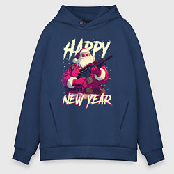 Толстовка оверсайз мужская Happy New Year Santa Claus with weapon, цвет: тёмно-синий
