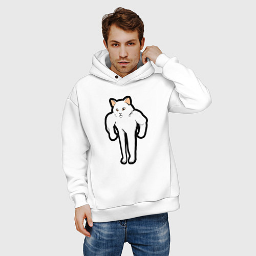 Мужское худи оверсайз Кот качок / Белый – фото 3