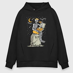 Толстовка оверсайз мужская Скелет ест пиццу, цвет: черный