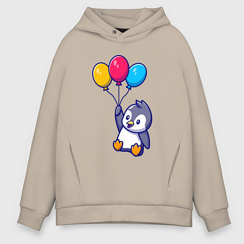 Мужское худи оверсайз Пингвин с шариками / Миндальный – фото 1